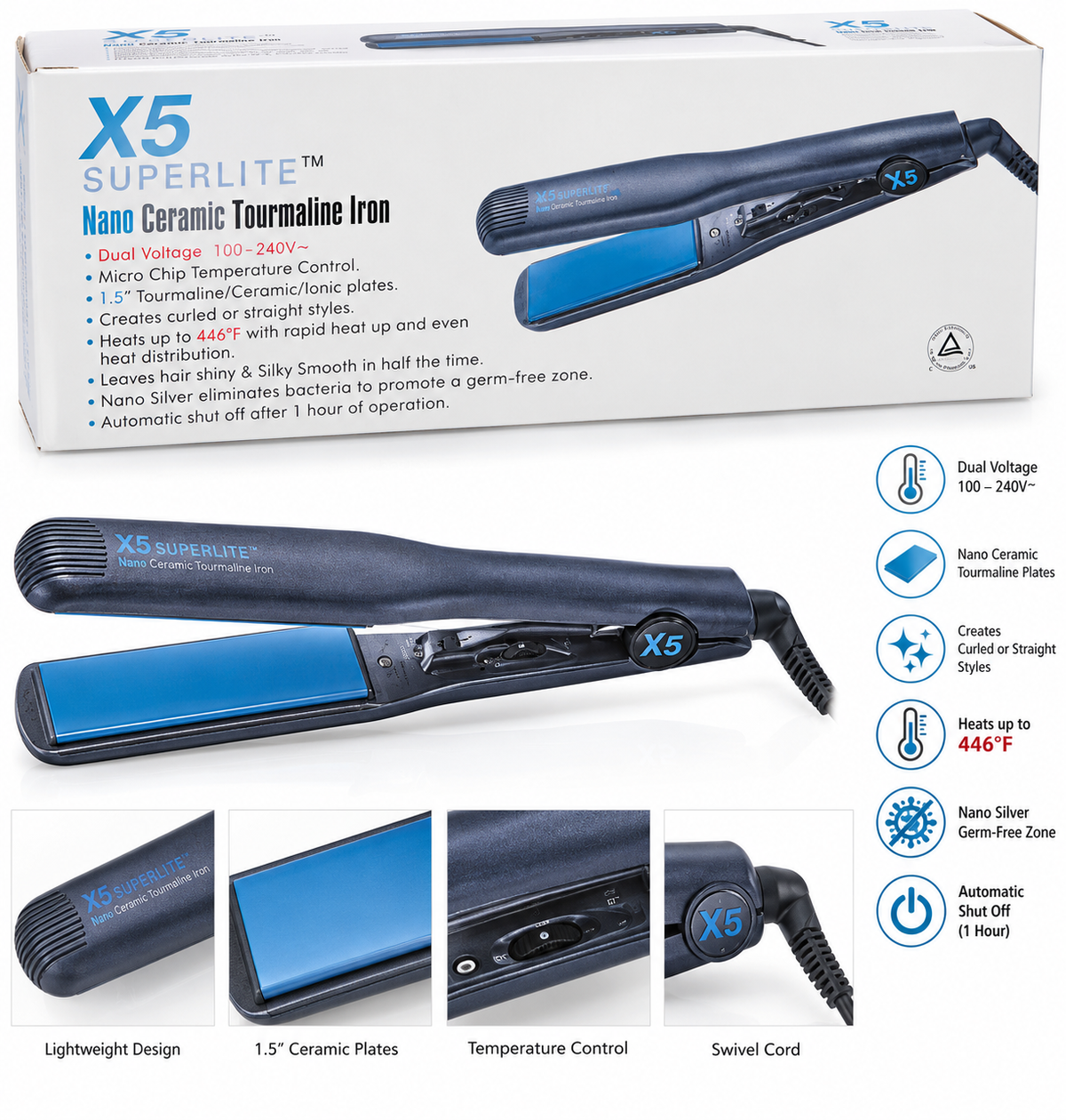X5 Superlite 1.5" Nano Ceramic Tourmaline Flat Iron